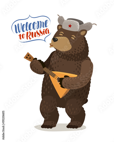 Funny Russian bear in cap with earflaps plays balalaika. Welcome to Russia, lettering vector illustration