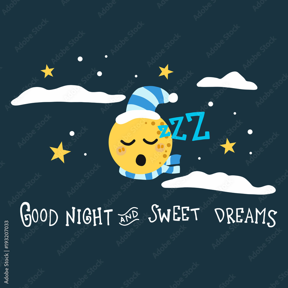 Good night and sweet dreams moon cartoon vector illustration Stock Vector |  Adobe Stock