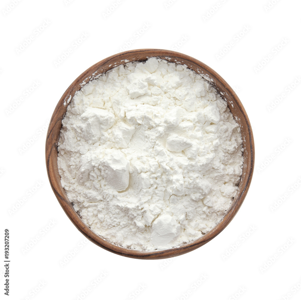 Wooden bowl with corn starch on white background Wooden bowl with corn starch on white background