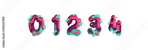 Paper cut number zero, one, two, three, four, figure 0, 1, 2, 3, 4. Design 3d sign isolated on white background. Alphabet font of melting liquid.