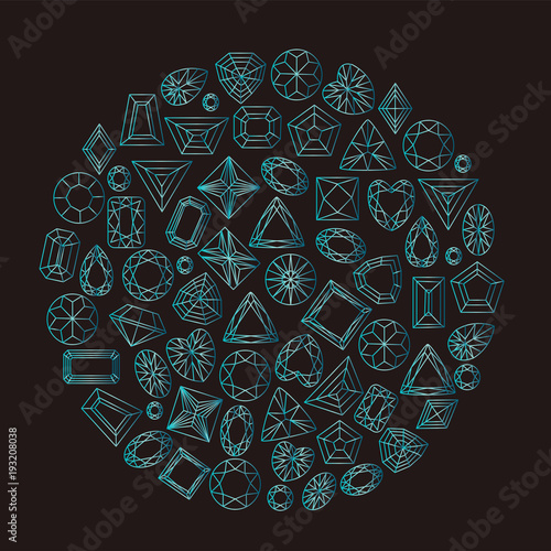 Collection of gems and gemstones. Types of diamond cutting. A set of jewels. Jewelry, jewelery and precious stones.