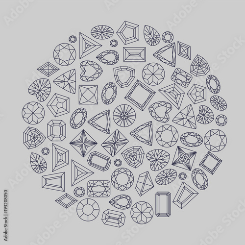 Collection of gems and gemstones. Types of diamond cutting. A set of jewels. Jewelry, jewelery and precious stones.