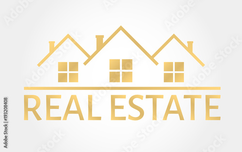 Real estate gold logo. House icon in line style. Creative logo design. Real estate agency template. Vector illustration