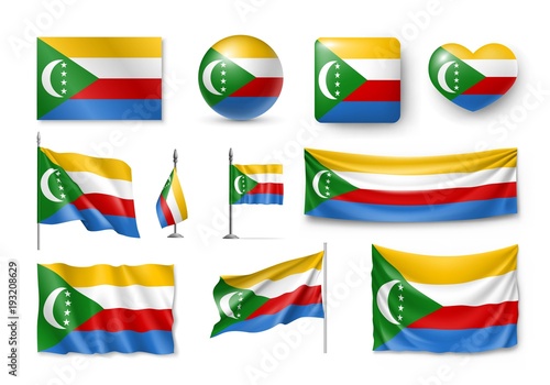 Set Comoros flags, banners, banners, symbols, realistic icon. Vector illustration of collection of national symbols on various objects and state signs
