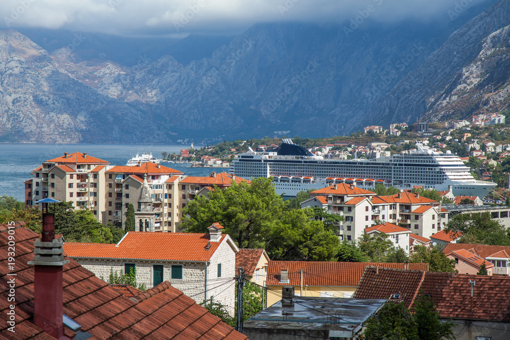 View of Kator bay over red tiled roofs. Montenegro.