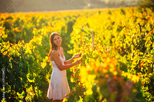 Smiling elegant woman in nature.Joy and happiness.Serene female in wine grape field in sunset.Wine growing field.Agricultural tourism.Visiting winery and vineyards.Wine expert,sommelier.Wine steward