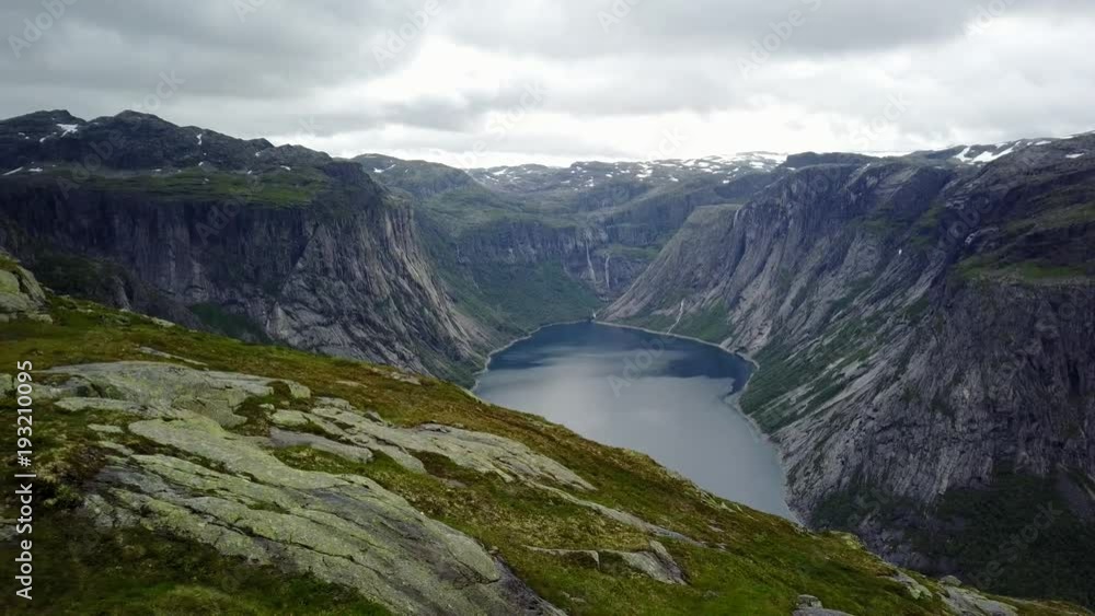 View near Trolltunga to Fjord and water from drone on air Norway
