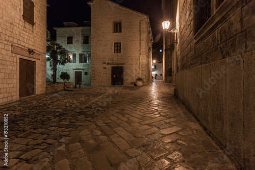 Night streets and buildings of the old town of Kotor. Montenegro.