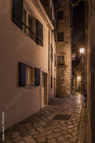 Night streets and buildings of the old town of Kotor. Montenegro. © alexkazachok