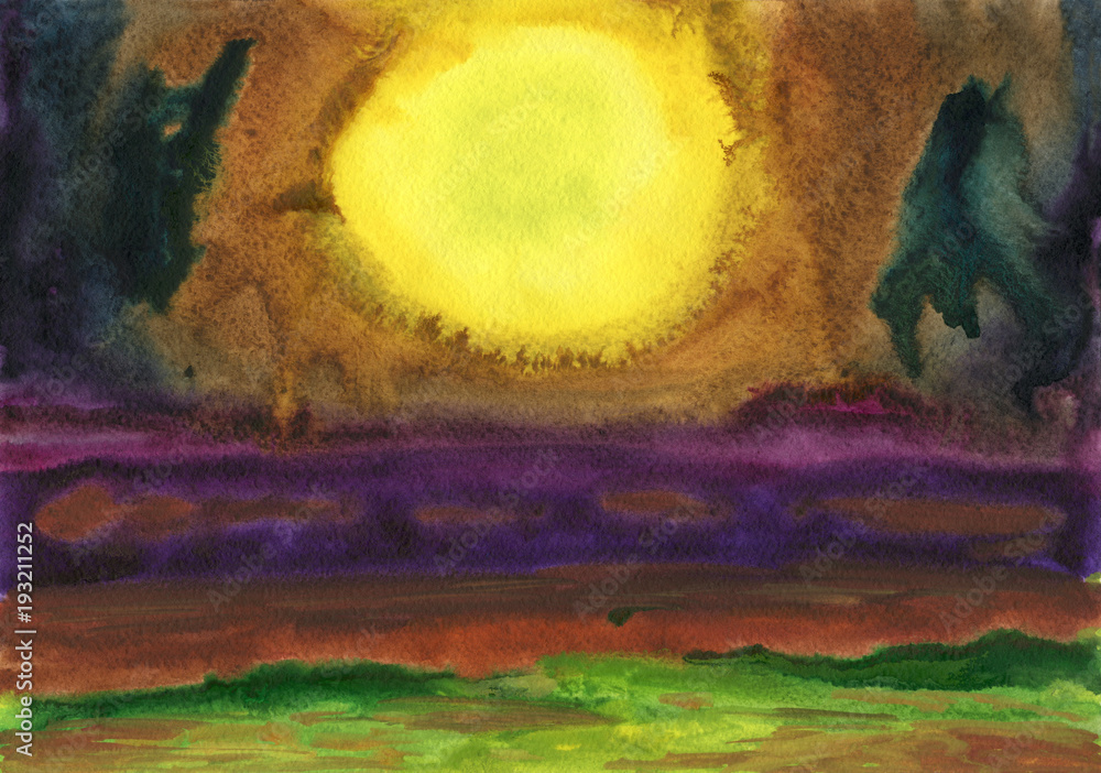 Watercolor background. Fantasy sunset above the sea.