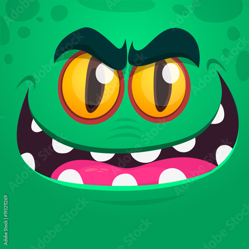 Angry cartoon monster face. Vector Halloween green monster character