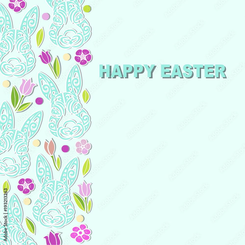 Template with Bunny head and flowers for Happy Easter Day, party invitation, greeting card, web, postcard, girl or boy birthday, baby shower, pet shop.  Vector illustration.
