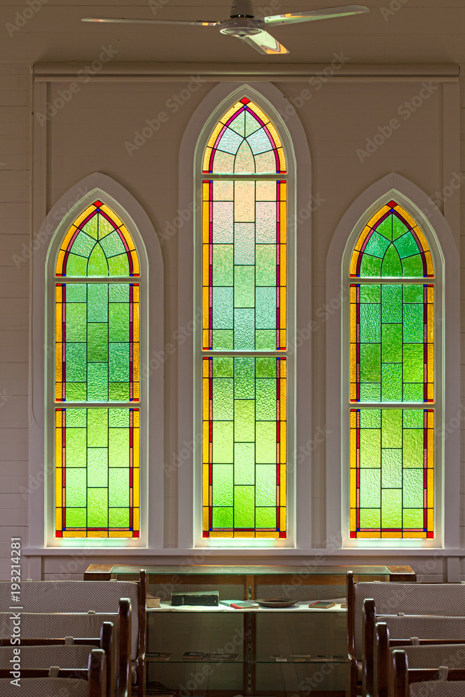 Stained glass windows on church