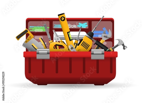 Tool box. Vector instrument toolbox with tools kit for home repair isolated on white background