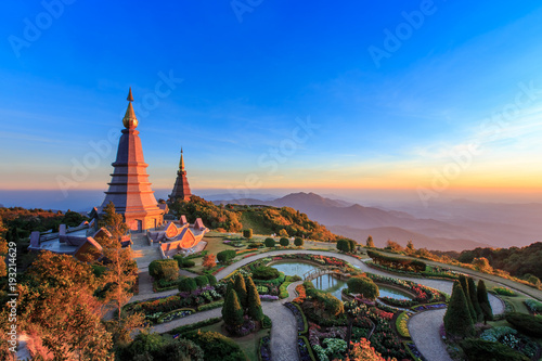 Landscape of two big pagoda on the top of Doi Inthanon mountain  Chiang Mai  Thailand.