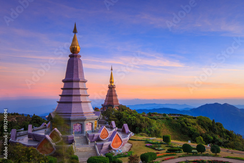 Landscape of two big pagoda on the top of Doi Inthanon mountain, Chiang Mai, Thailand. © PRASERT