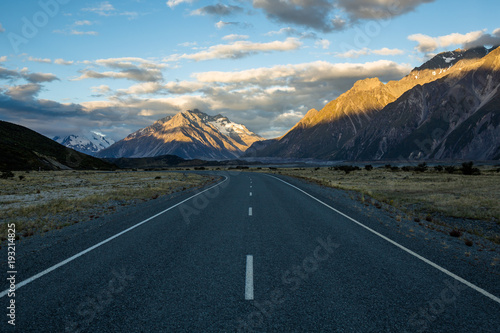 Sunset on the road to Tasman Glacier in the Southern Alps of New Zealand's South Island