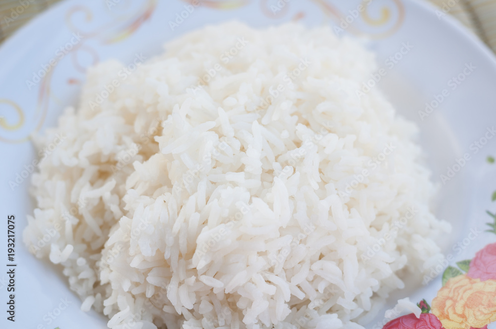 Close up Steamed rice uncooked white on dish, Thai Hom Mali Rice Close up Steamed rice uncooked white on dish, Thai Hom Mali Rice