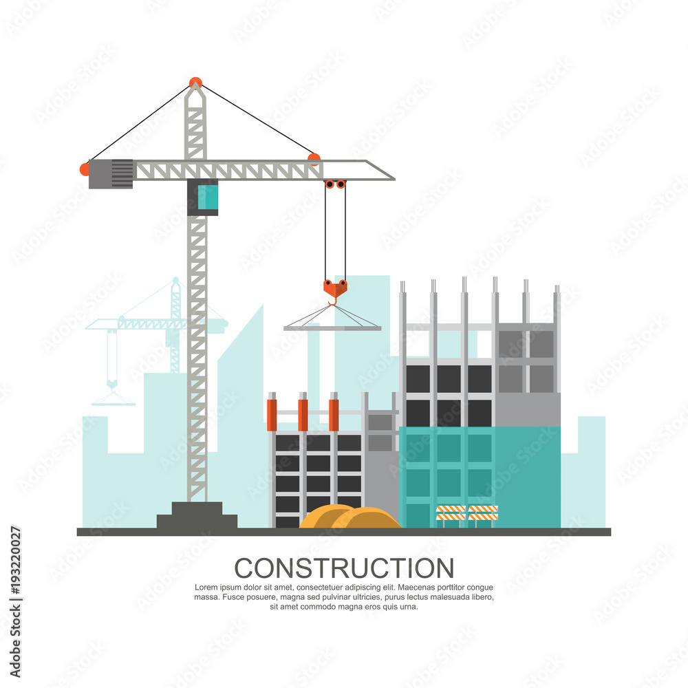 Building site work process under construction with cranes and machines Building site work process under construction with cranes and machines