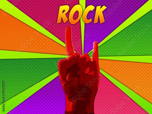 Mano haciendo el gesto del rock con un fondo arte pop 
