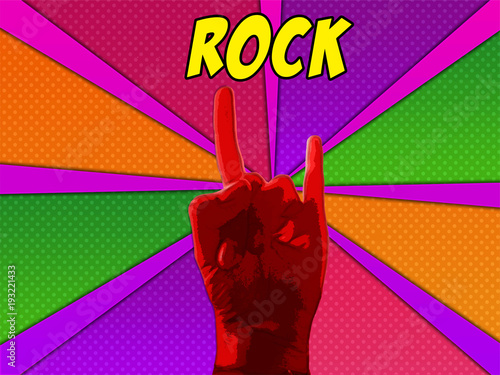 Mano haciendo el gesto del rock con un fondo arte pop 

