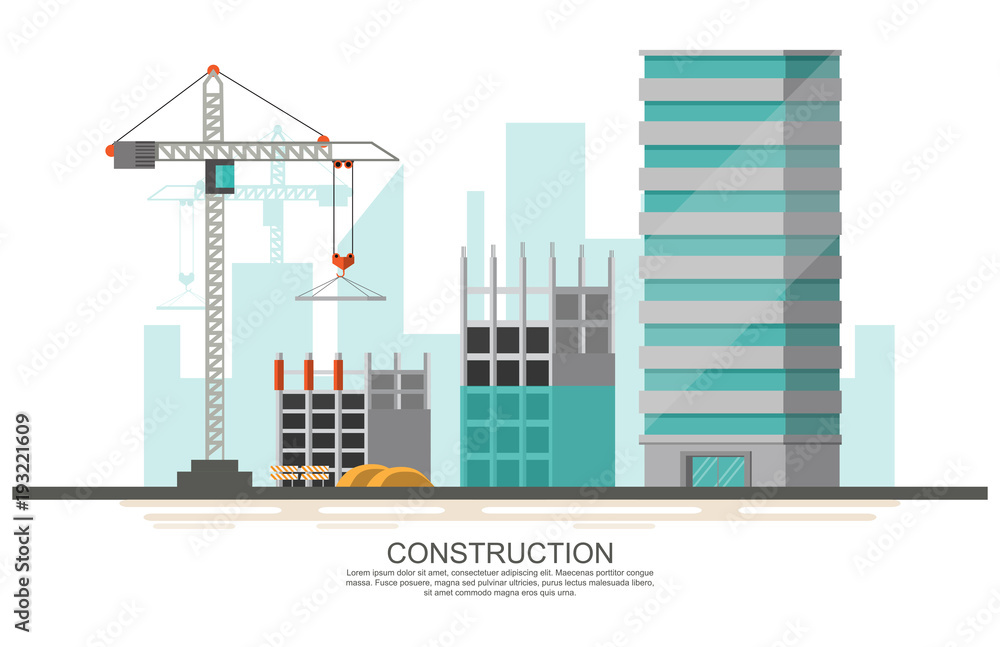 Obraz premium Building site work process under construction with cranes and machines.Vector illustration.