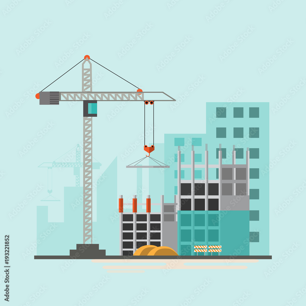 Building site work process under construction with cranes and machines Building site work process under construction with cranes and machines