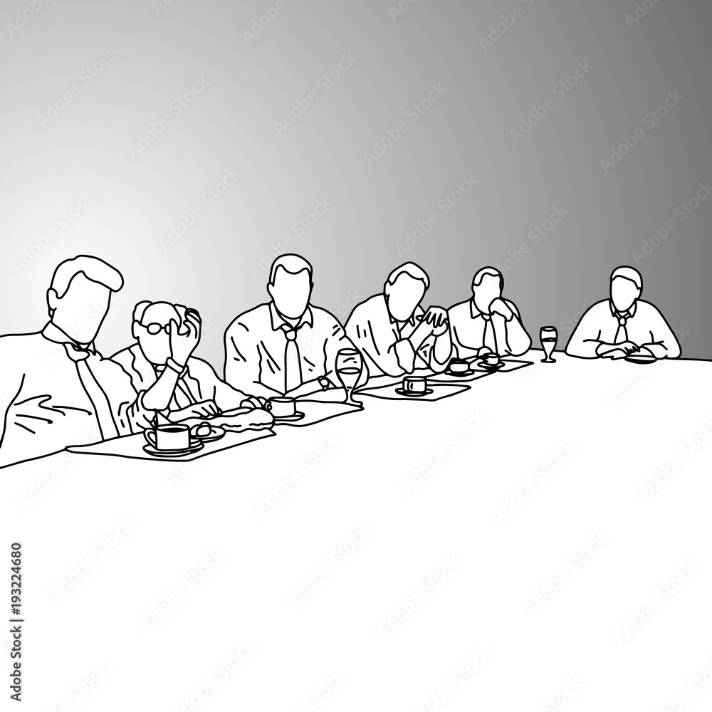 Business people in a conference room with food on the table vector illustration doodle sketch hand drawn with black lines isolated on gray background. Business concept. Business people in a conference room with food on the table vector illustration doodle sketch hand drawn with black lines isolated on gray background. Business concept.