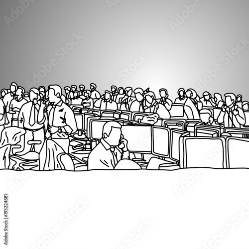 View of busy stock traders office vector illustration doodle sketch hand drawn with black lines isolated on gray background. Business concept.