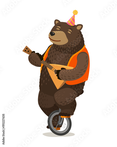Circus performance. Happy bear rides unicycle and plays balalaika. Cartoon vector illustration
