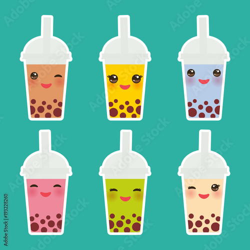 Kawaii  Bubble Tea with different fruits and berries. Milk Cocktails in plastic cup, tubule. Different sorts of Bubble Tea Cocktails. pastel colors on turquoise background. Vector