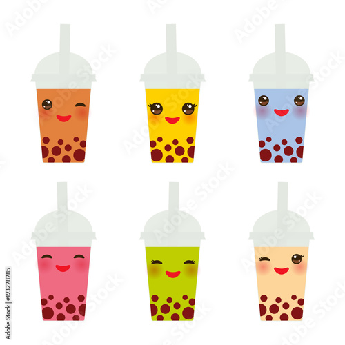 Kawaii  Bubble Tea with different fruits and berries. Milk Cocktails in plastic cup, tubule. Different sorts of Bubble Tea Cocktails. pastel colors on white background. Vector