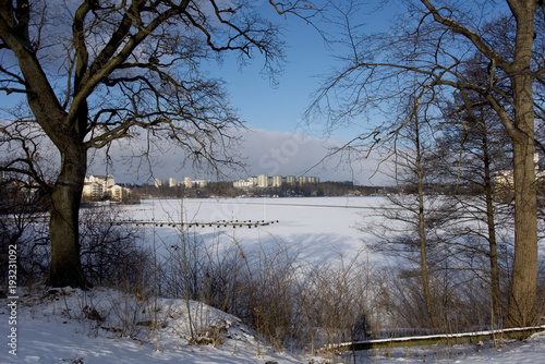 A snowy, cold and sunny view of the island Kungsholmen in Stockholm