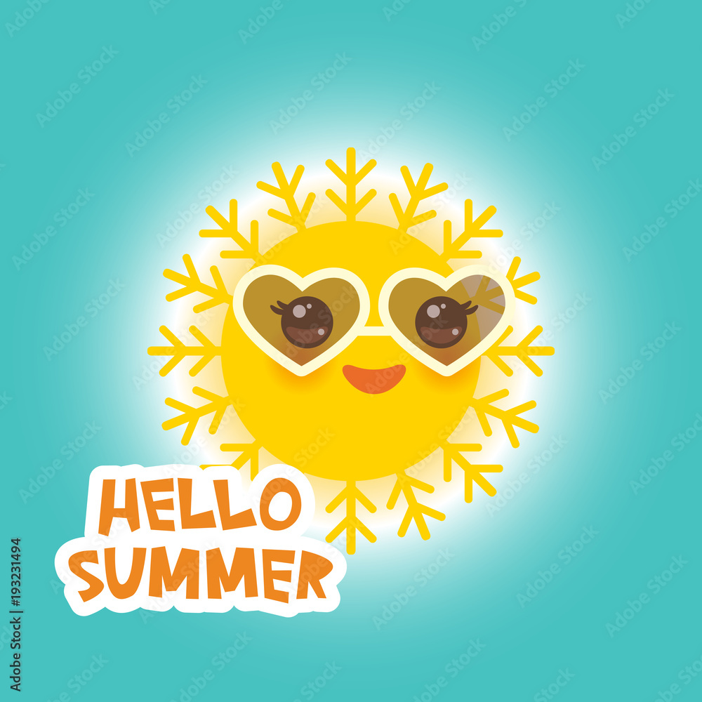 Hello Summer Kawaii funny yellow sun with sunglasses pink cheeks and eyes on blue sky background. Hot summer day. Bright sun and blue sky without clouds. Vector Hello Summer Kawaii funny yellow sun with sunglasses pink cheeks and eyes on blue sky background. Hot summer day. Bright sun and blue sky without clouds. Vector