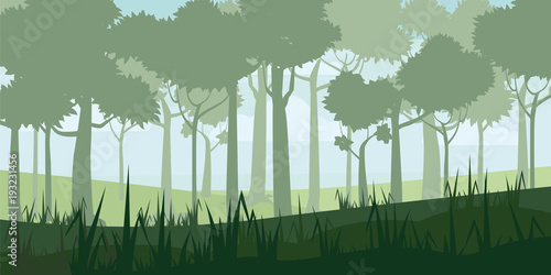 Background of landscape with deep deciduous forest. Cartoon style. Vector, illustratoin