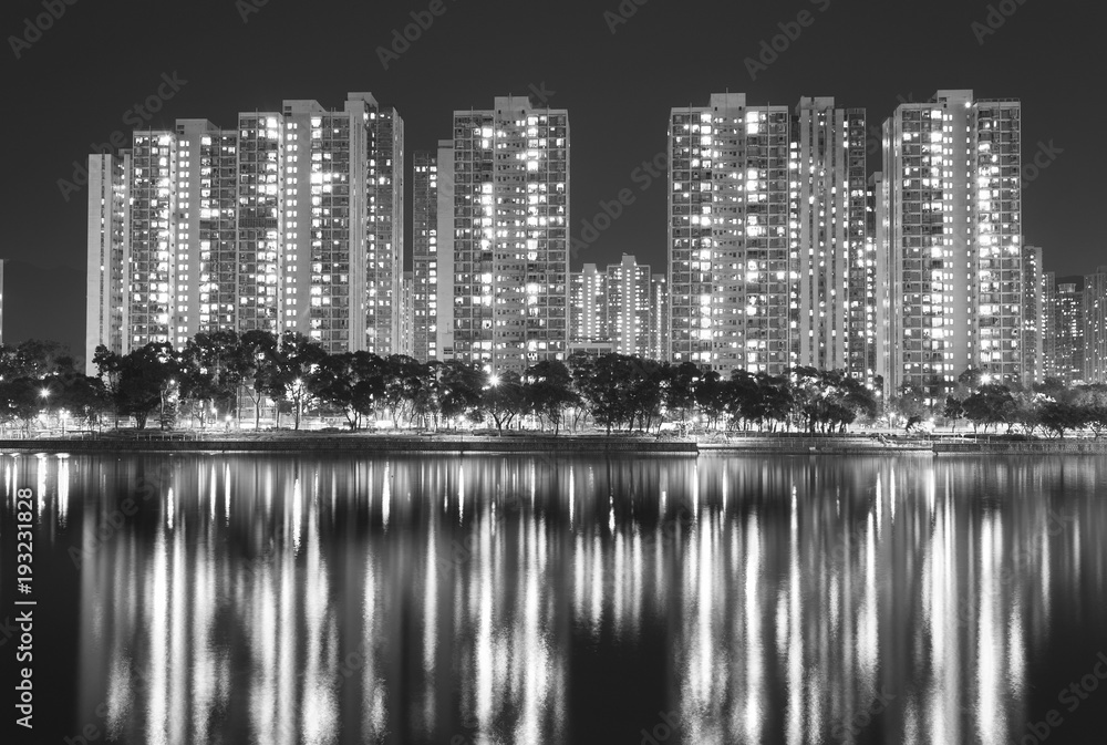 high rise Residential building in Hong Kong city at night