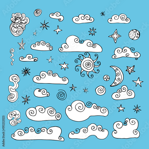 Doodle Collection of Hand Drawn Vector Clouds. Set of cartoon cute simple clouds outlines shapes. White with a black outline on a blue background. Vector