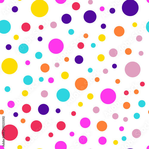 Memphis style polka dots seamless pattern on white background. Awesome modern memphis polka dots creative pattern. Bright scattered confetti fall chaotic decor. Vector illustration. photo
