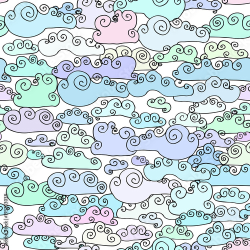 seamless pattern Doodle Collection of Hand Drawn cartoon cute simple clouds outlines shapes Blue teal lilac purple. black outline on a white background. Vector