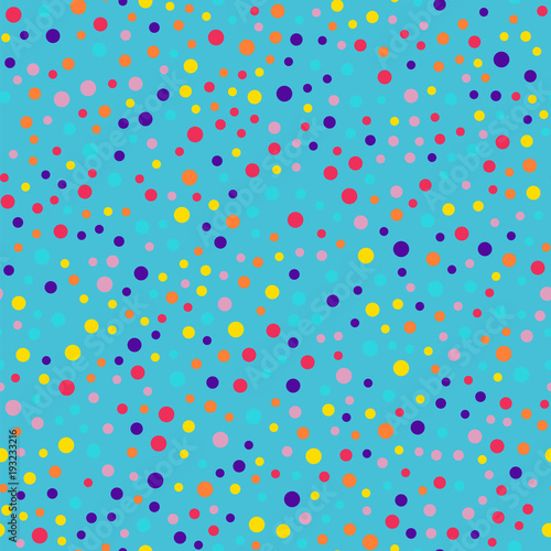 Memphis style polka dots seamless pattern on blue background. Good-looking modern memphis polka dots creative pattern. Bright scattered confetti fall chaotic decor. Vector illustration.