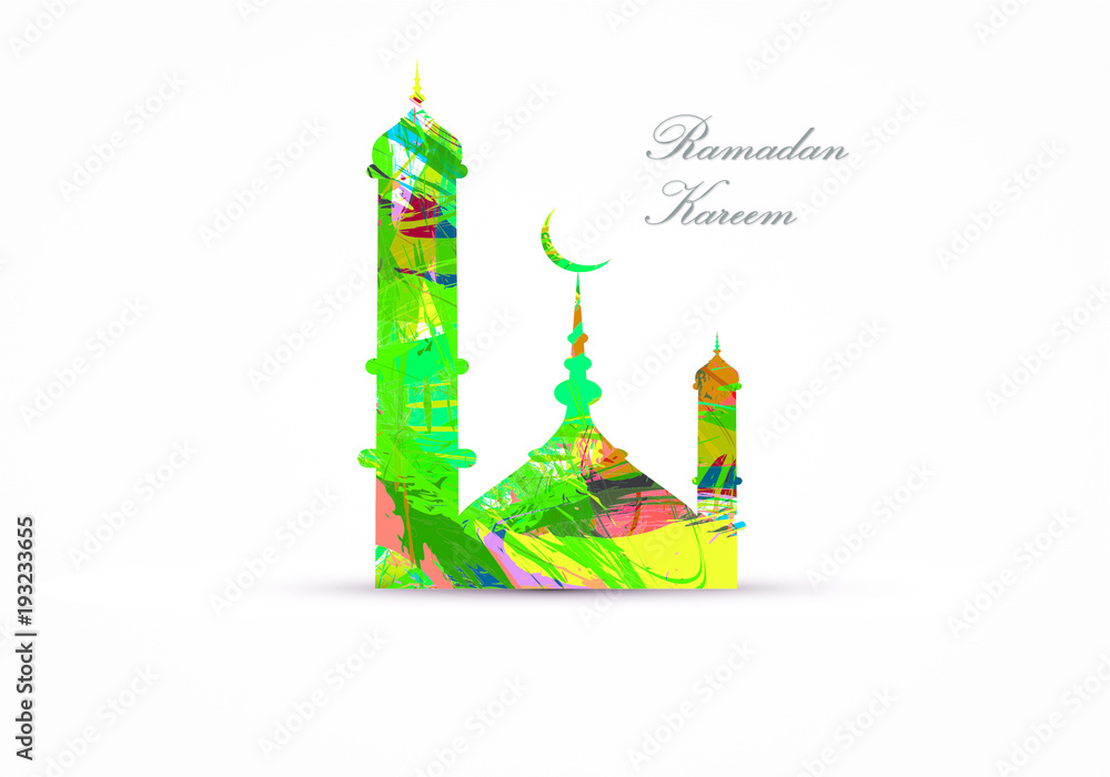 Ramadan Kareem greeting card with a grunge colored mosque silhouette Ramadan Kareem greeting card with a grunge colored mosque silhouette