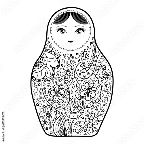 Russian doll matrioshka Babushka sketch smiling face black outline isolated on white background for site, blog, coloring book, fabric. Vector