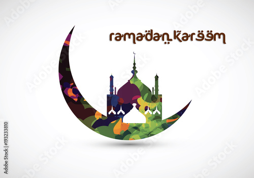 Grungy Ramadan Kareem Greeting Card. Colorful crescent moon with mosque illustrated in this graphic.