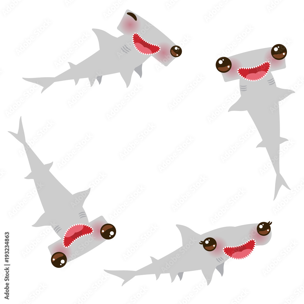 Obraz premium Cartoon gray Smooth hammerhead Winghead shark Kawaii with pink cheeks and winking eyes positive smiling on white background. Vector