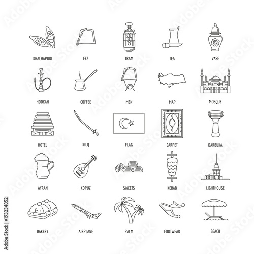 Turkey culture and traditions outline icons set. Turkey objects vector illustration isolated on white background. Element of Turkey architecture and religion.