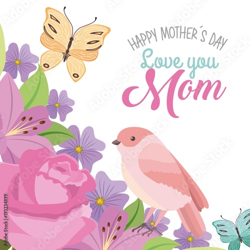 happy mothers day love mom bird butterfly romantic flowers vector illustration