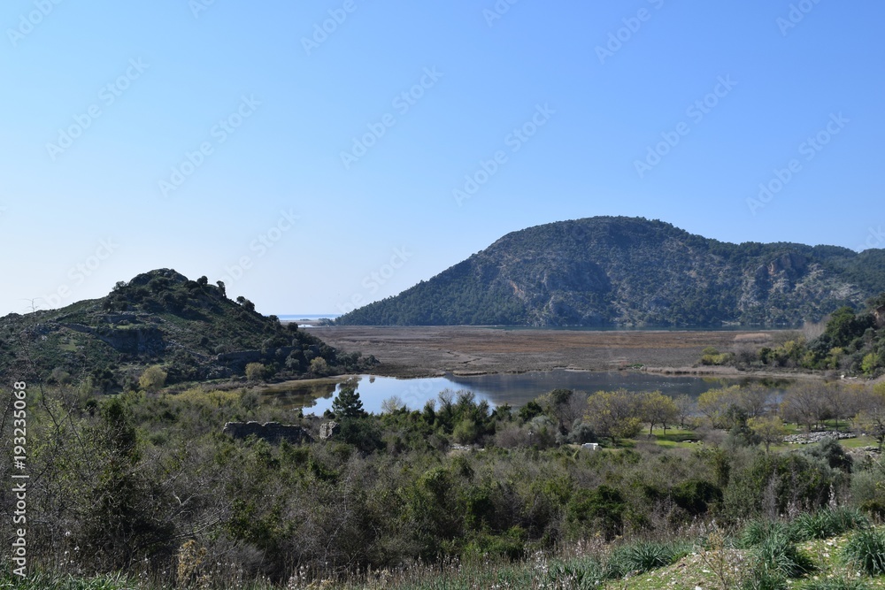  Mountains, lake, landscape.The ancient city of Kaunos.Dalyan.Turkey