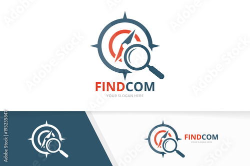 Vector compass and loupe logo combination. Navigation and magnifying symbol or icon. Unique travel and search logotype design template.