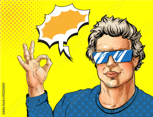 Vector pop art young man showing ok hand sign