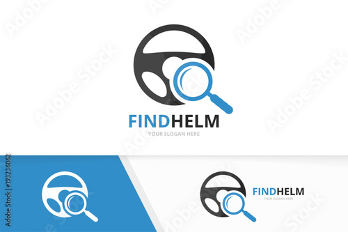 Vector car helm and loupe logo combination. Steering wheel and magnifying symbol or icon. Unique rudder and search logotype design template.